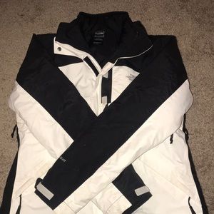 White and black north face ski coat